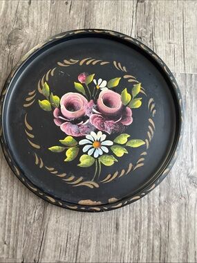 Hand-Painted Floral Home Art Painting - Black with Pink Roses